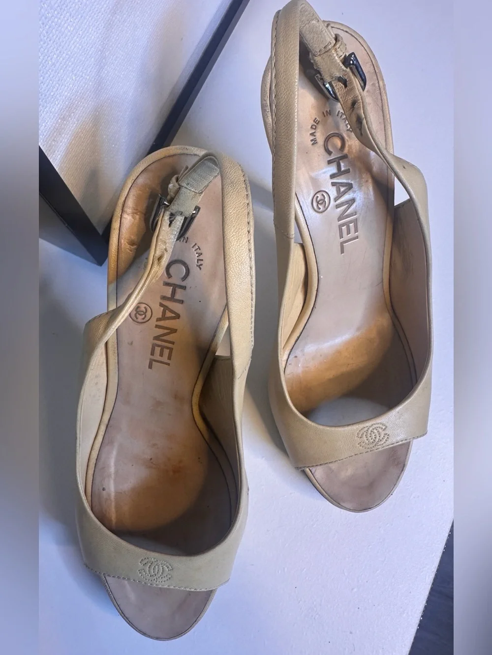 CHANEL Beige Leather Slingback Heels CC Logo Size 38C